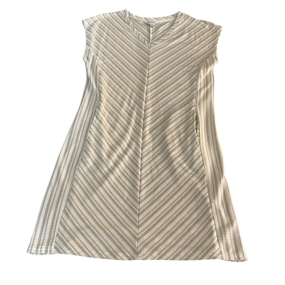 Liz Claiborne Shift Dress Womens L Tan White Striped V-Neck Sleeveless Ribbed